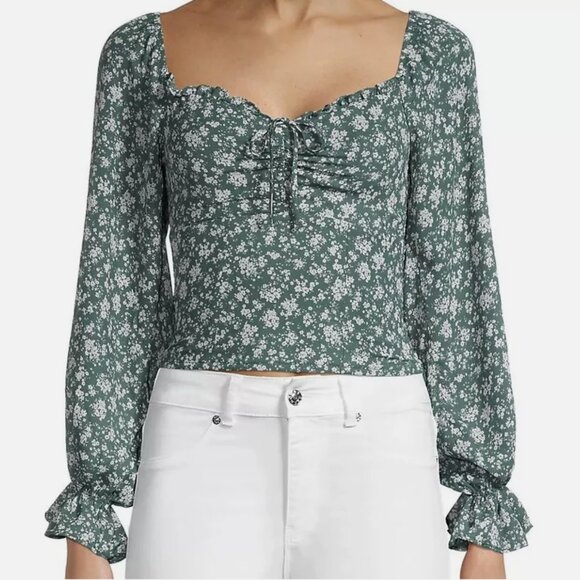 Astr Tops - ASTR The Label Blue Ivory Ditsy Top Blouse XL Blue Floral Long Sleeves Boho
